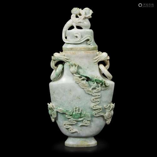 A Chinese carved jade 'qilin' vase and cover, 20th century