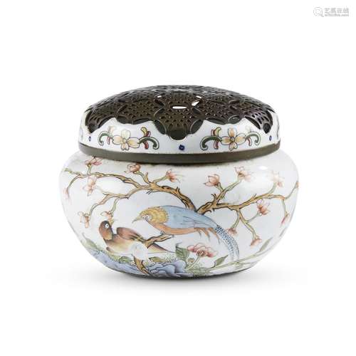 A Chinese enameled small hand warmer with pierced metal cover, Qianlong four-character mark to underside but later