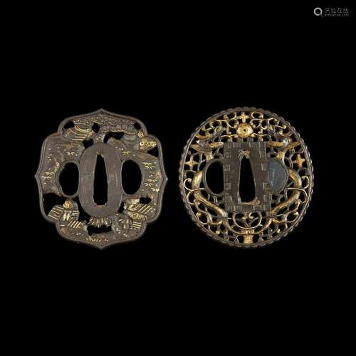 Two gold-inlaid Japanese iron tsuba,