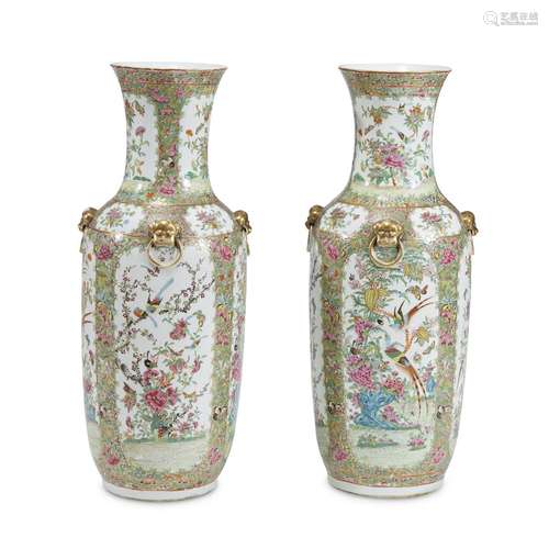 A pair of Chinese rose medallion 'lion-mask handles' vases, third quarter of 19th century