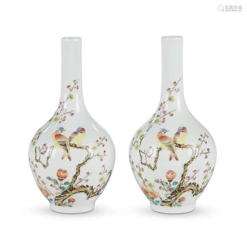 A pair of Chinese famille rose-decorated Birds and Prunus small bottle vases,, Qianlong marks but later