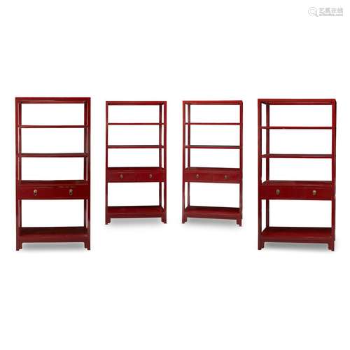 A set of four Chinese style red-lacquered bookcases, Contemporary