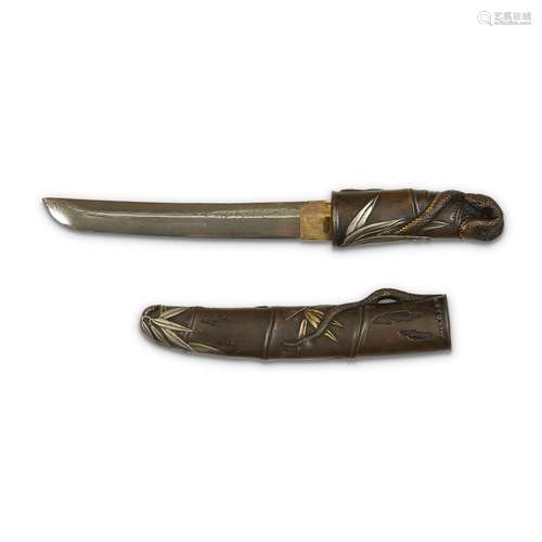 A Japanese bronze and mixed metal Snake and Bamboo tanto,