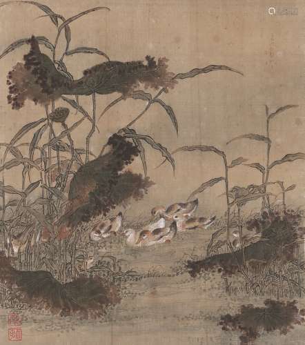 江采（1901～1986） 芦鸭 立轴 设色纸本