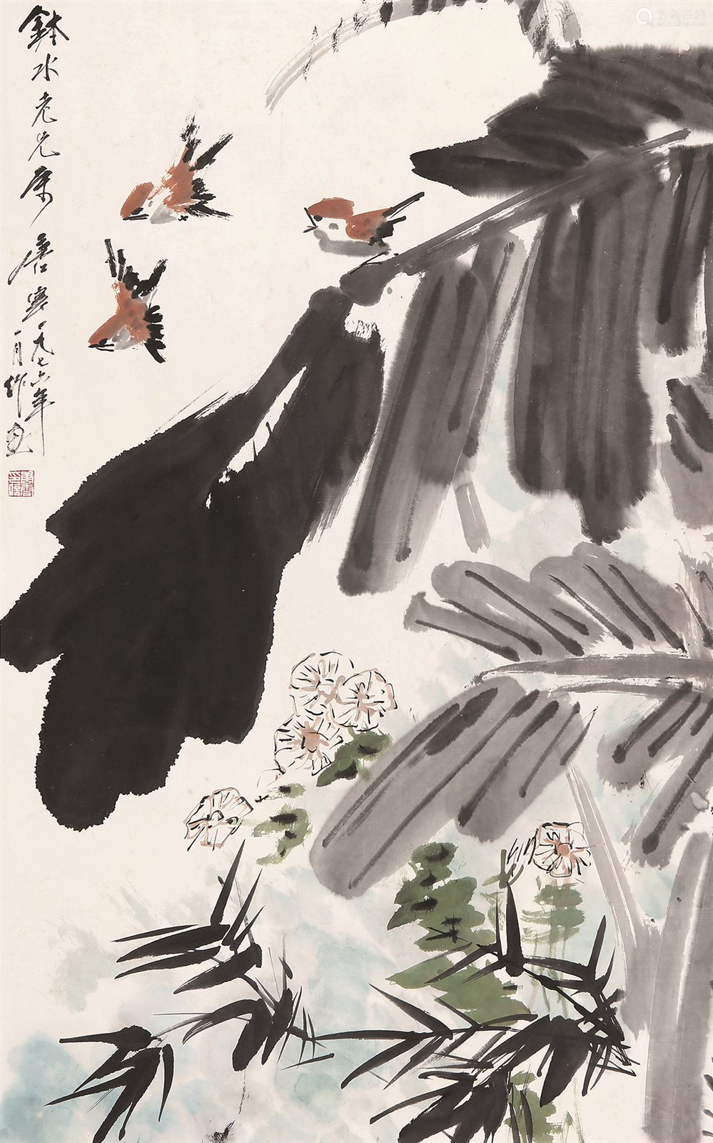 唐云 1910 1993 芭蕉小鸟立轴设色纸本 Deal Price Picture 唐云 1910 1993 芭蕉小鸟立轴设色纸本 Deal Price Picture