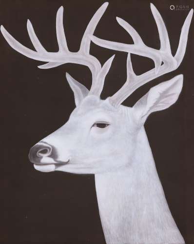 梁桂峰（b.1983） 白色动物肖像之鹿 镜心 绢本水墨