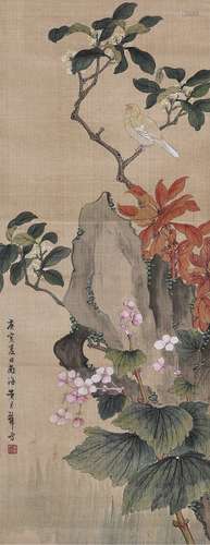 黄君璧（1898～1991） 花卉小鸟 立轴 设色绢本