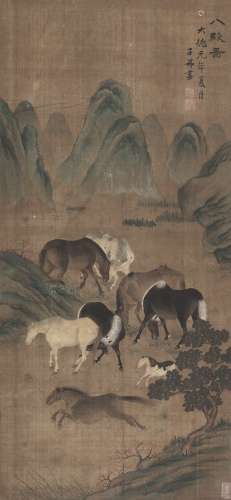 赵子昂（1254～1322）（款） 八骏图 立轴 设色绢本