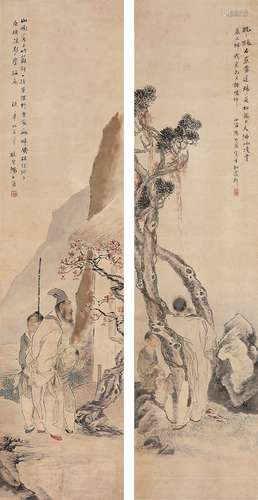 沈心海（1855～1941） 人物对屏 立轴 设色纸本