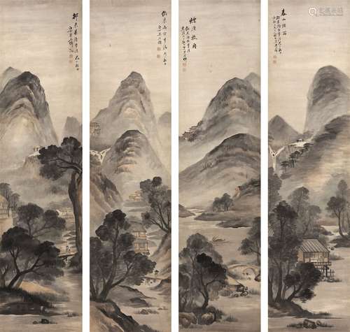 吴石仙（1845～1916） 山水 四屏立轴 水墨纸本