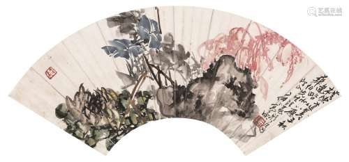 丁二仲（1868～1935） 花卉扇面 镜心 设色纸本