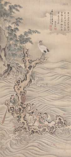 胡铁梅（1848～1899） 携鹤渡海 立轴 设色绢本