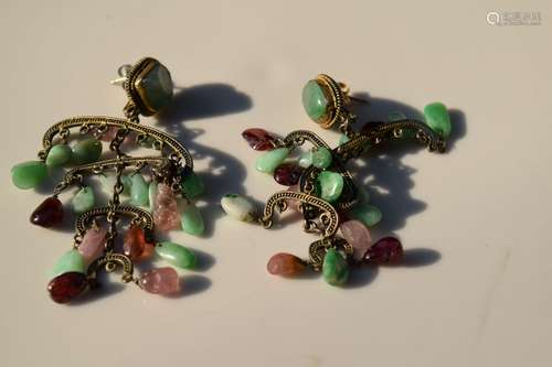 Pair of Antique Chinese Jadeite and Tourmaline Earrings