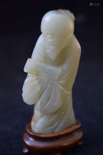 Antique Chinese Nephrite Jade Old Man Statue with Wood