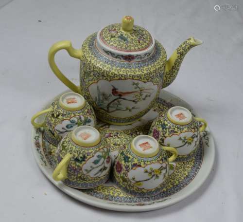 Set of Vintage Chinese Yellow Enamel Teapot and Cups