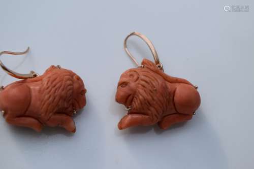 Pair of Antique 18K Gold Coral Lion Earrings