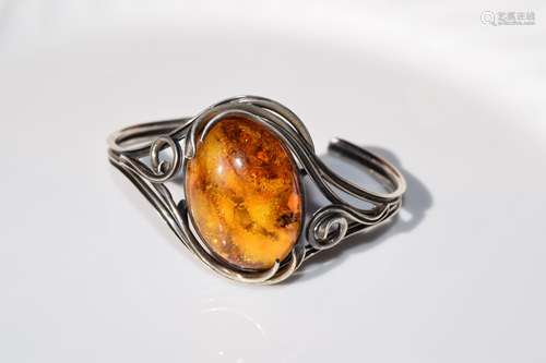 Antique Silver Natural Amber Bracelet