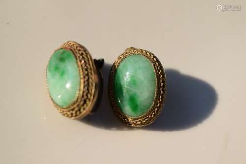 Pair of Antique Chinese Silver Green Jadeite Earrings