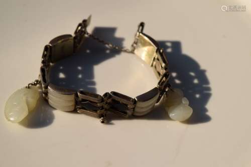 Antique Chinese Silver White Jade Bracelet