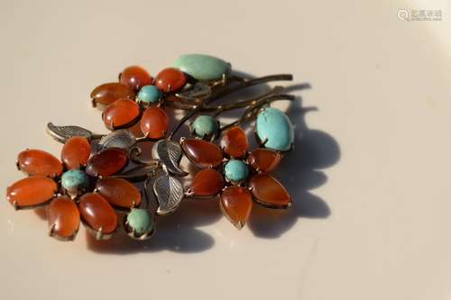 Antique Chinese Carnelian and Turquoise Brooch Pin