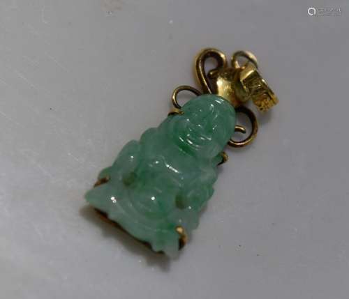 Antique Chinese Green Jadeite 18K Gold Buddha Pendant