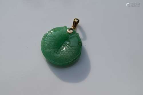 14K Gold Green Jadeite Fish Pendant