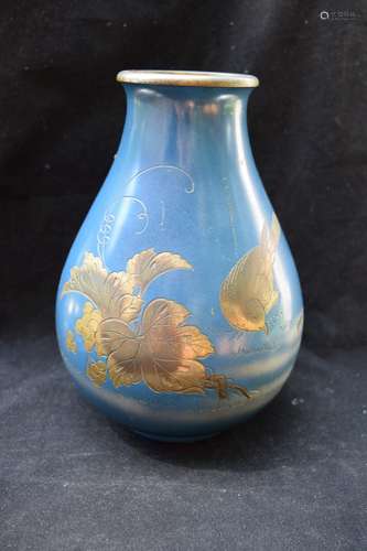 Antique Blue Vase Bird and Flower