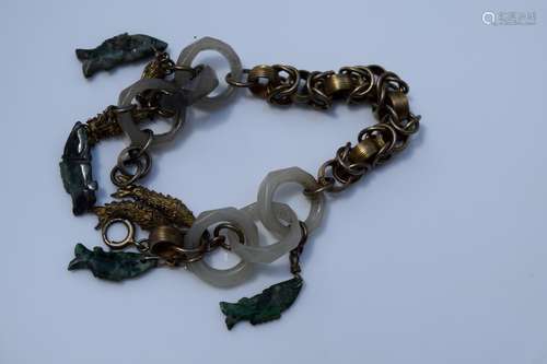 Antique Chinese Jade and Jadeite Fish Bracelet