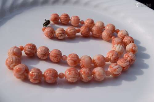 Vintage Carved Longevity Coral Bead Necklace