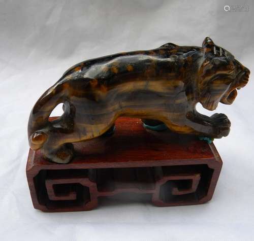 Antique Chinese Tiger's Eye Tiger Statue on Stand