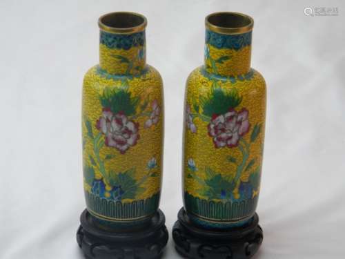 PAIR OF CHINESE ANTIQUE YELLOW CLOISONNE VASES