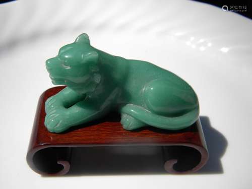 Antique Chinese Hardstone Tiger on Wood Stand
