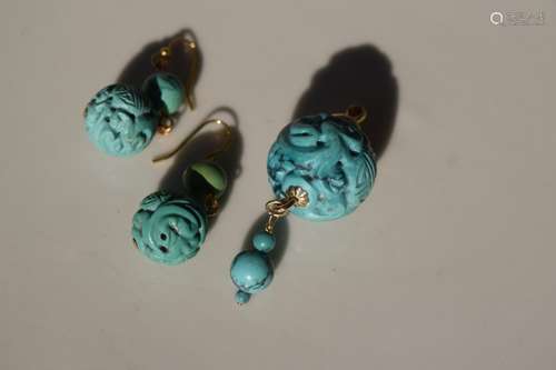 14K Antique Chinese Carved Turquoise Pendant Earrings