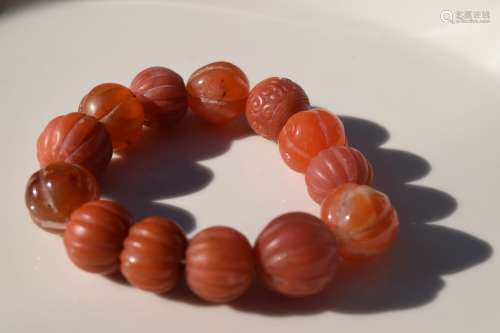 Antique Chinese Carved Carnelian Beads Bracelet