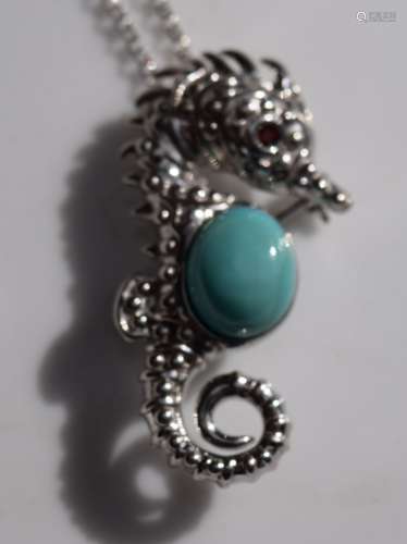 Vintage Silver Turquoise Seahorse Pendant Necklace
