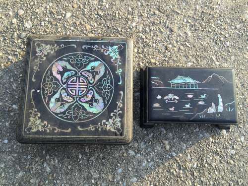 Two Antique Chinese Black Lacquer Stationary Boxes