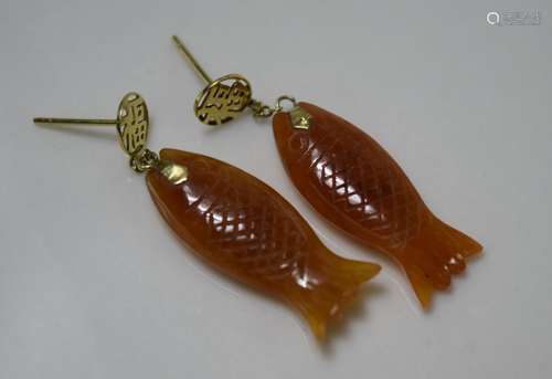 Pair of 14K gold Red Jadeite Fish Earrings