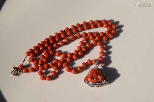 Antique Natural Red Coral Necklace with Buddha Pendant