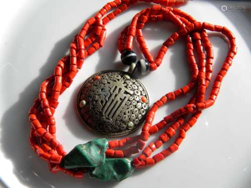 Antique Tibet Silver Pendant with Red Coral, Turquoise
