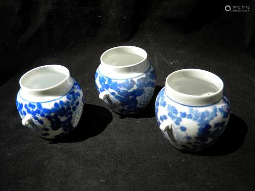 Three Antique Chinese Blue and White Bird Feeder