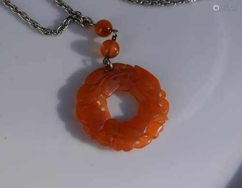 Antique Chinese Carved Carnelian Flower Pendant