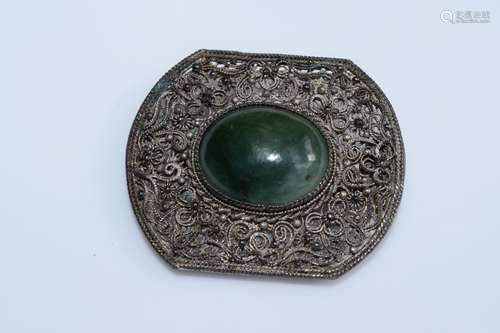 Antique Chinese Silver Filigree Jadeite Brooch Pin