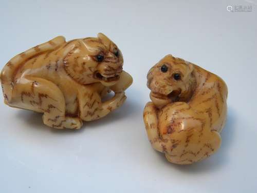 Two Antique Carved Tiger Statues