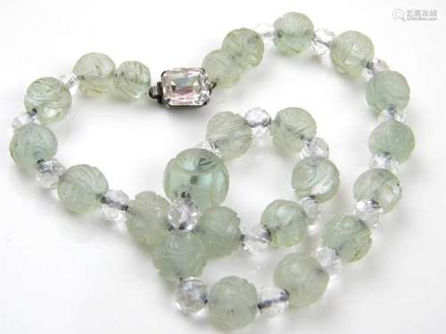 ANTIQUE CHINESE GREEN QUARTZ NECKLACE CARVED LONGEVITY