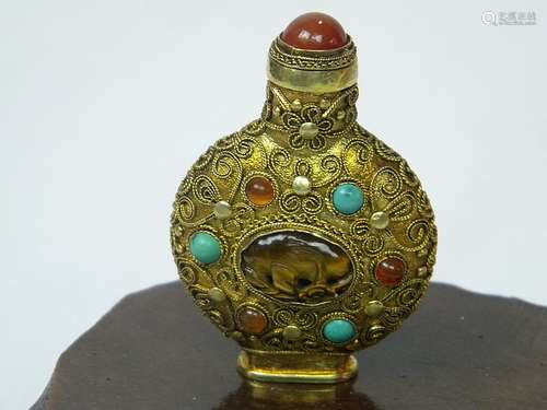 ANTIQUE CHINESE SILVER FILIGREE SNUFF BOTTLE WITH TURQU