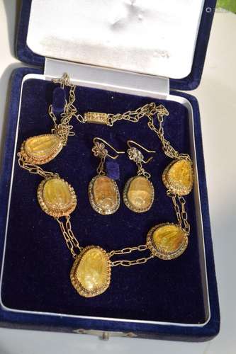 Antique Chinese Yellow Tourmaline Necklace Earring Set