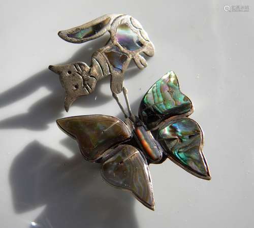 Two Sterling Silver Brooch Pins, butterfly and cat