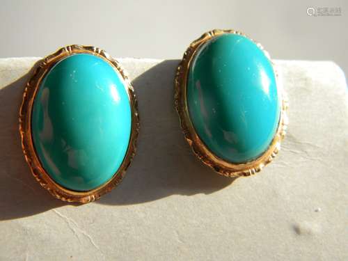 Pair of 14K Gold Turquoise Earrings