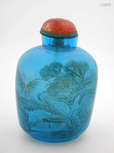 Antique Blue Peking Glass Snuff Bottle with Tourmaline