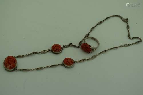 Vintage Sterling Silver Red Coral Necklace and Ring